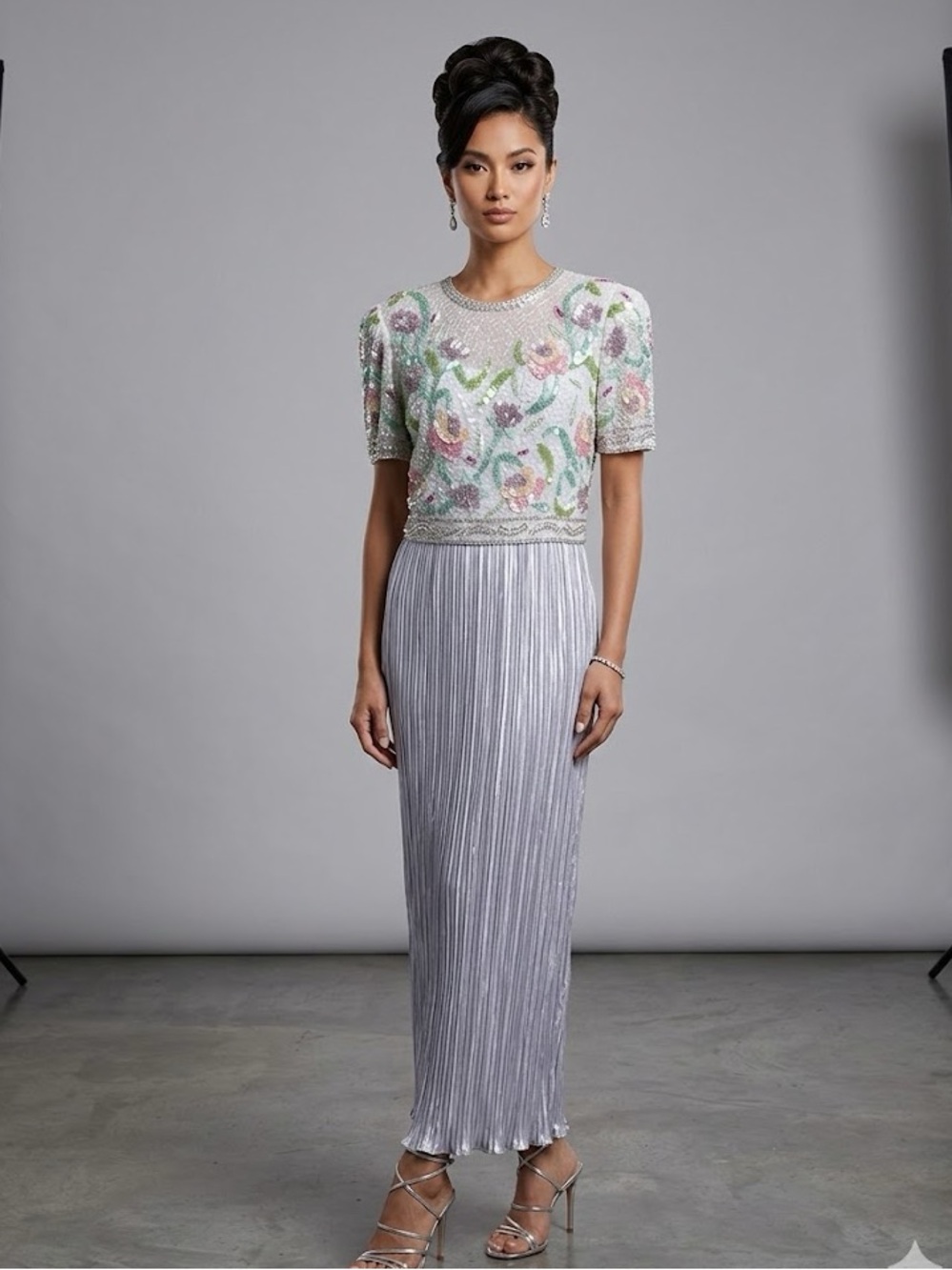George F Couture Sequin Mother Of Bride Groom Gown Pleated Pastel Spring Glam